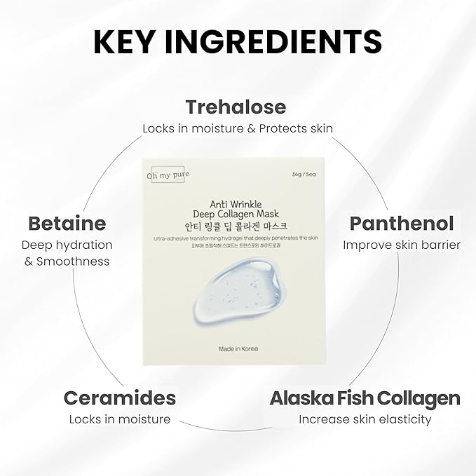 Collagen Hydrogel AntiWrinkle Deep Face Mask 4+1 EA Ultimate Hydration, Improves Skin Texture, Affordable Luxury, Glowing Skin, Reduces Fine Lines & Wrinkles, Made in Korea OHMYPURE (5, Deep Collagen)