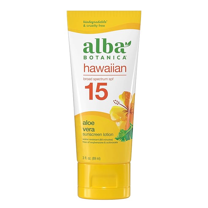 Alba Botanica Sunscreen for Face and Body, Hawaiian Aloe Vera Sunscreen Lotion, Broad Spectrum SPF 15, Water Resistant and Biodegradable, 3 fl. oz. Bottle