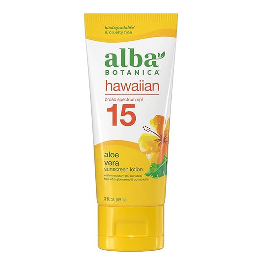 Alba Botanica Sunscreen for Face and Body, Hawaiian Aloe Vera Sunscreen Lotion, Broad Spectrum SPF 15, Water Resistant and Biodegradable, 3 fl. oz. Bottle