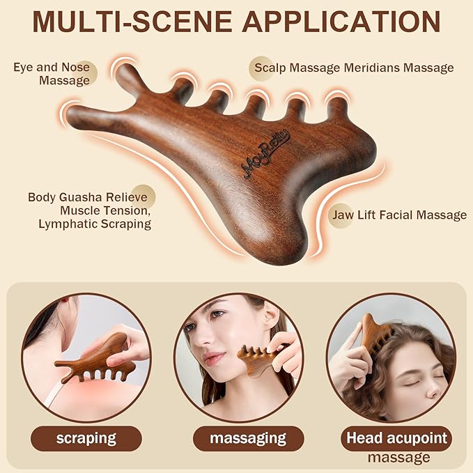 MoyRetty 4-in-1 Gua Sha Tool, Sandalwood Face & Body Massager, Lymphatic Drainage Massage Comb with Storage Pouch (Golden Sandalwood)
