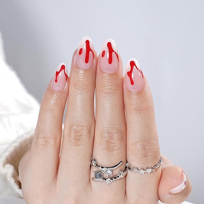 Press On Nails Short Almond Horror Fake Nails with Horror Design, Glue On Nails Reusable Stick On Nails in 16 Sizes, 32pcs False Nail Kit for Women & Girls