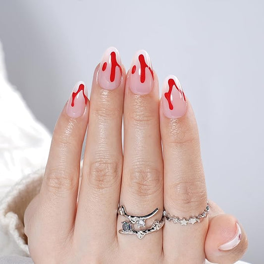 Press On Nails Short Almond Horror Fake Nails with Horror Design, Glue On Nails Reusable Stick On Nails in 16 Sizes, 32pcs False Nail Kit for Women & Girls