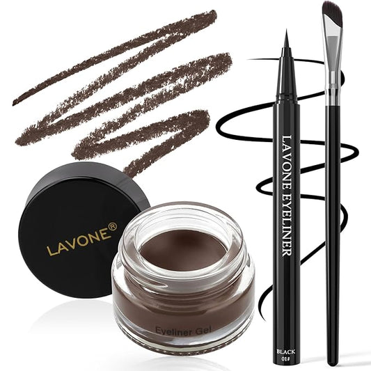 LAVONE Eyeliner Set - Waterproof Makeup Kit with Liquid Eye Liner Pencil, Gel Eyeliner and Angled Eye Liner Brush, Waterproof, Smudge Resistant, Long Lasting Formula - Black Brown