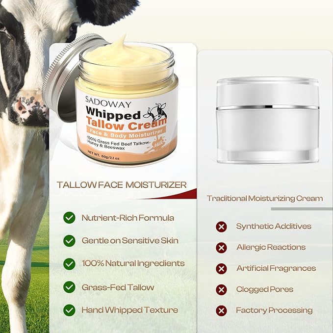 SADOWAY Beef Tallow for Skin: Handmade Beef Tallow for Face - Organic Grass-Fed Whipped Beef Tallow and Honey Balm Tallow Face Moisturizer Smooth Soft for Dry Skin