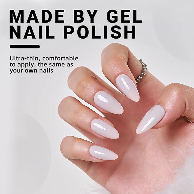 Press On Nails Almond, WOOYAS Medium Length Fake Nails Light Purple Grey Glue On Nails Full Cover False Nails with Nail Glue Adhesive Tabs, 24Pcs Reusable Nails Kit for Women