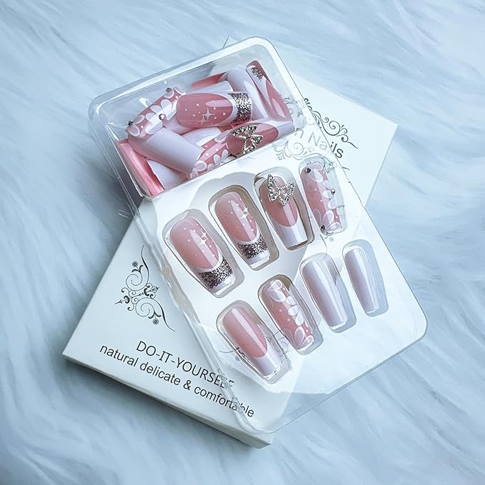 24Pcs White French Tip Press on Nails Medium Square Nails Spring Flower Fake Nails with Butterfly Designs White Floral Acrylic Nails Solid Color False Nails Silver Glitter Stick on Nails for Women