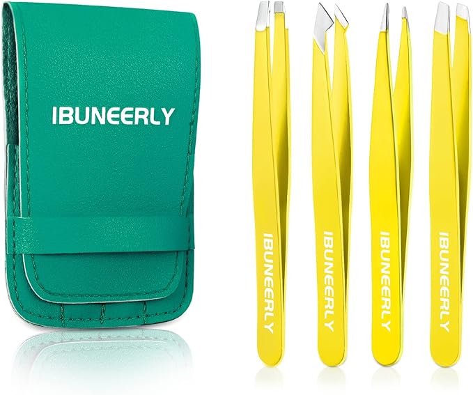 Eyebrows Tweezers Set, 4Pcs Stainless Steel Tweezers for Women with Travel Case, Great Precision for Ingrown Hair, Facial Hair and Splinter Removal