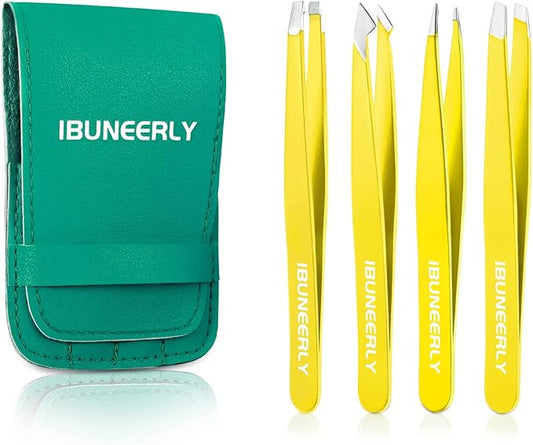 Eyebrows Tweezers Set, 4Pcs Stainless Steel Tweezers for Women with Travel Case, Great Precision for Ingrown Hair, Facial Hair and Splinter Removal