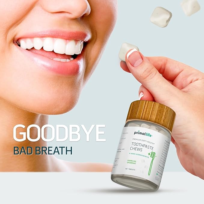 Primal Life Organics Premium Dirty Mouth Toothpaste Chews – Nano-Hydroxyapatite Whitening Toothpaste Tablets for Adults - Gluten Free, Vegan, Paleo - 60 Tablets in Jar - Sparkling Spearmint