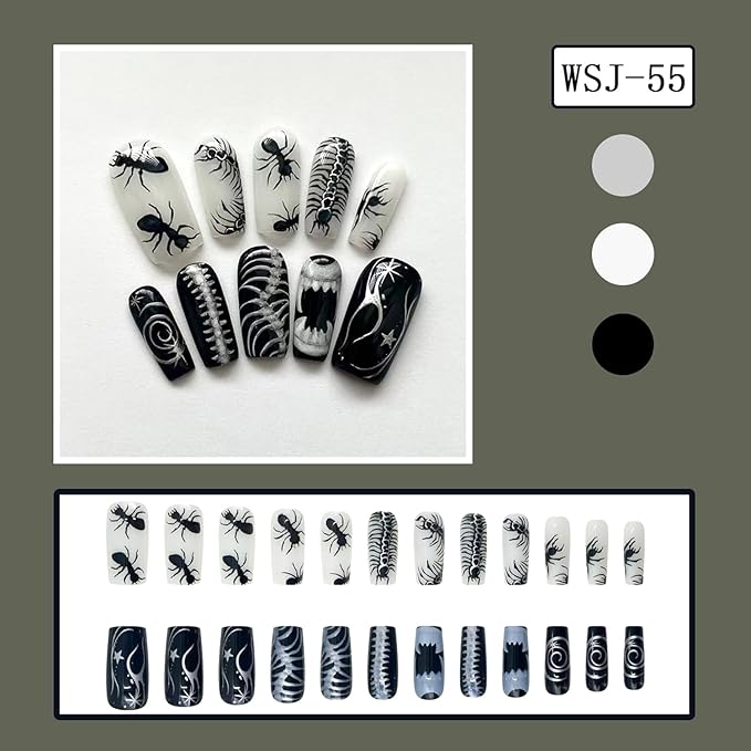 24Pcs Halloween Press on Nails Square Medium Fake Nails with Halloween Ant Centipede Spine Horror Style Pattern Design Black White False Nails Glue on Nails for Women DIY Manicure Halloween