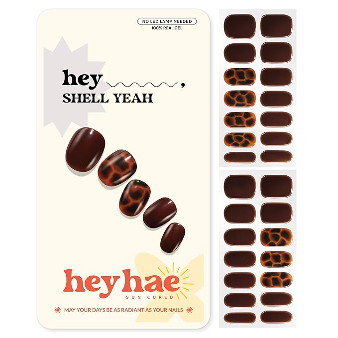 Heyhae Semi Cured Gel Nail Strips | No LED Lamp Needed | Fall, Marble, Brown | Easy Apply & Remove, Salon Quality | Includes 28 Strips, 1 Prep Pads, Nail File & Wooden stick - Hey, Shell Yeah