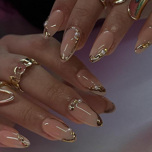 Gold French Tip Press on Nails Medium Almond Fake Nails with Pearl Rhinestone Charms Design 3D Gold Edge False Nails Nude Glue on Nails Elegant Artificial Stick on Nails for Women Girls 24Pcs