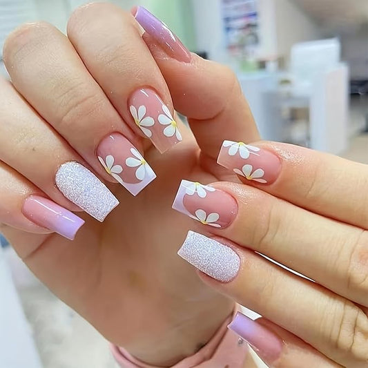 Square Medium French Flower Acrylic Glitter False Nails Kit - 24 Pcs with Designs, Gradation, Press Ons, Glue & Stick Ons