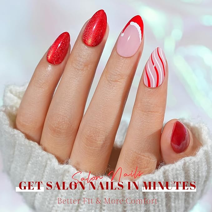 Christmas Press On Nails Almond - Jofay Fashion Red Cat Eye Press On Nails, Swirl Santa Hat Fake Nails with Glue for Women, Glossy Reusable Soft Gel Glue On Nails 32Pcs