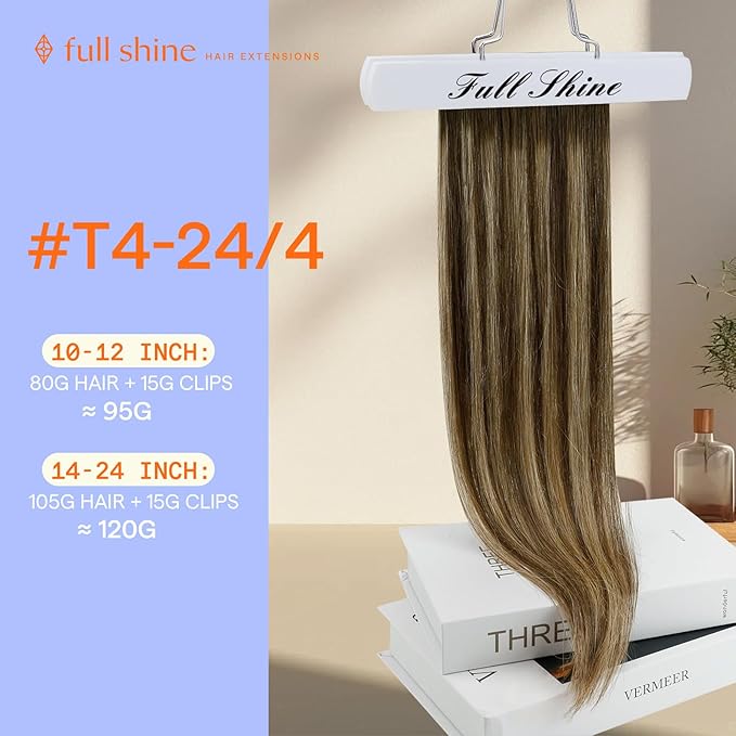 Full Shine Clip in Hair Extensions Real Human Hair Brown Balayage Dirty Blonde Hair Clip in Extensions Double Weft Medium Brown Human Hair Extensions for Women 14 Inch 7 Pcs
