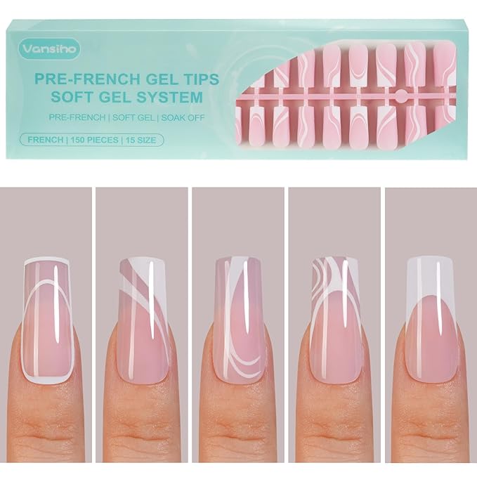 150Pcs French Gel Nail tips - Vansiho French Tip Press on Nails, Long Square Nail Tips, 5 Styles Swirl Nail Tips Pink, Soft Gel Nails False Nail for Nail Art DIY 15 Sizes