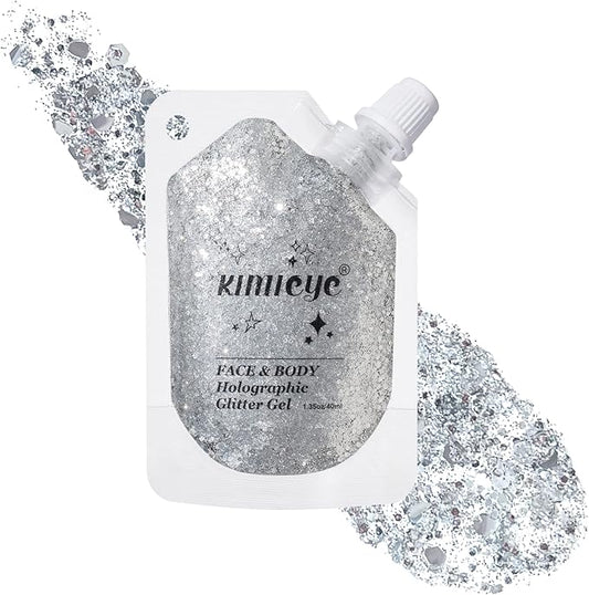 Holographic Face Glitter Gel Body Shimmer Makeup for for Hair, Face, Clavicle, Arm, Nail, Eyeshadow, Long Lasting Waterproof Mermaid Sequins Party Glitter for Rave Festival, 1.35oz (Pure Silver #10)