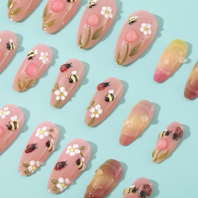 24Pcs Handmade Press on Nails Medium Almond Fake Nails with 3D Flower Bee Ladybug Designs Acrylic Nail Tips Cute Summer False Nail Artificial Glue on Nails Stick on Fingernails for Women