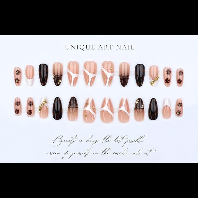 Long Almond Press on Nails Gold White Fake Nails Nude Leopard Print Stick on Nail for Women 24pcs