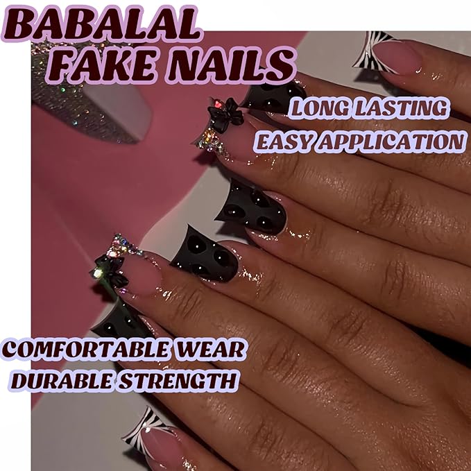 BABALAL Duck Nails Press on Black Fake Nails French Tip Glue on Nails 3D Texture Handmade Design Goth Acrylic Nails Bow Charm Stick on Nails 24Pcs Manicure Glossy Duck Bill False Nails