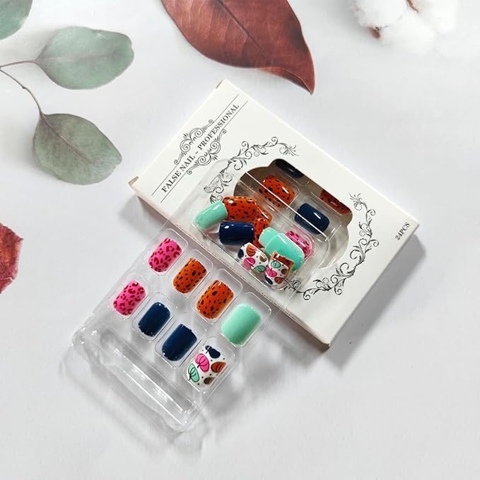 Colorful Pumpkin Press on Nails Short Square Fake Nails Cute False Nails with Leopard Spots Design Fall Glue on Nails Thanksgiving Acrylic Nail Glossy Stick on Nail for Women 24Pcs