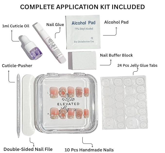 Medium-Peach Crystal Charm French Tip Press-On 10 Nails Manicure Kit for Women | Custom Handcrafted Nail Glue, Dual Nail File, Cuticle Stick & Buffer Block | Measure Before Ordering