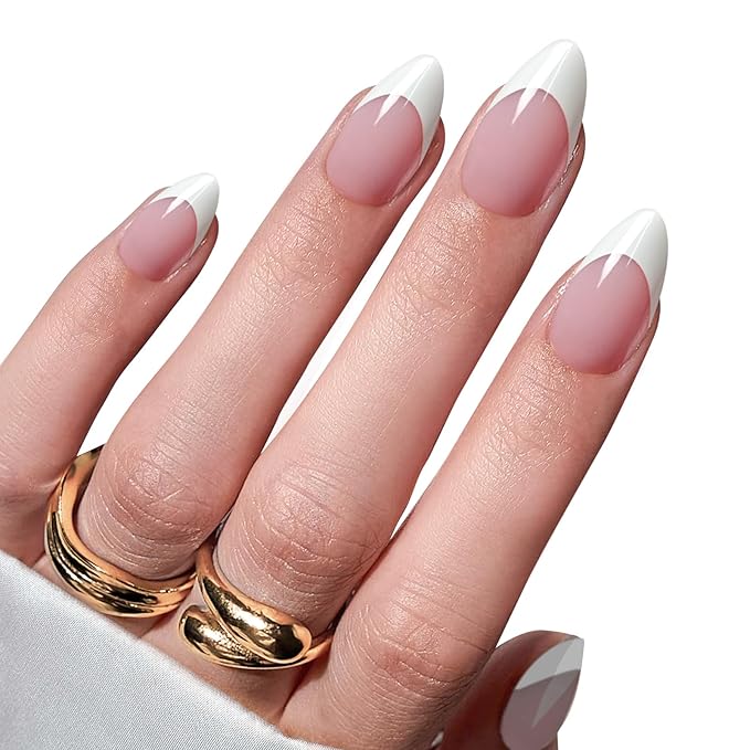 Press On Nails Almond White French Tip Nails wtih Glue & Glue Remover Short Nail Tips, Stick On Nails Kit in 15 Sizes, Glossy Natural Fit Reusable for Busy Mom