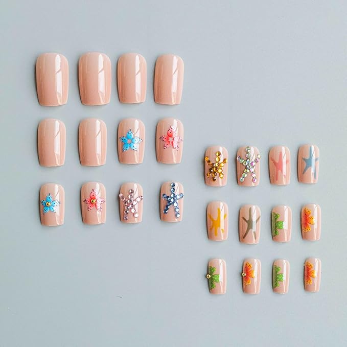 Summer Starfish Designs 24 Pcs Medium Square Acrylic False Nails with Full Coverage and Glossy Finish