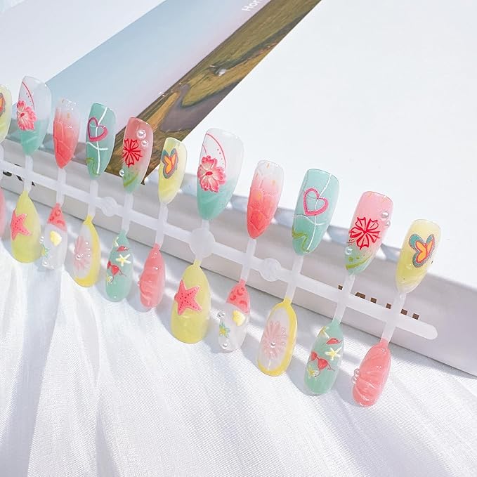 30Pcs Summer Press on Nails Medium Almond Fake Nails with 3D Flower Designs Starfish False Nails Heart Butterfly Lemon Stick on Nails Ocean Beach Acrylic Nails Pearl Floral Glue on Nails for Women