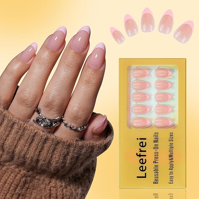 French Tip Press on Nails - Pink Short Almond Press on Nail, Glossy Fake Nails Reusable Nails Press ons for Women, 32 Pieces in 16 Sizes False Nails Kit with Glue, Petal Line