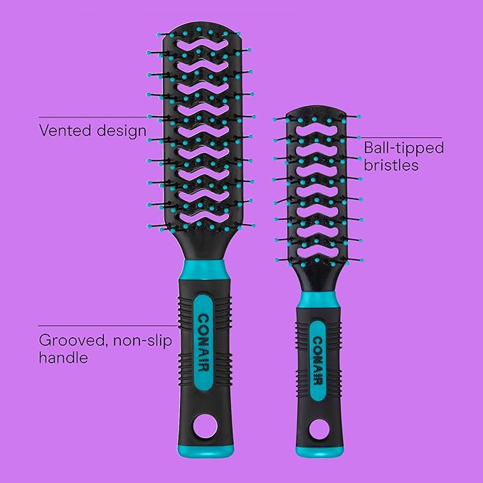 Conair Grip & Lift Vent Hairbrush 2PK, Full-Size and Mid-Size Brush Set, Nylon Bristle Hairbrushes for Blowout Styling, Value Pack