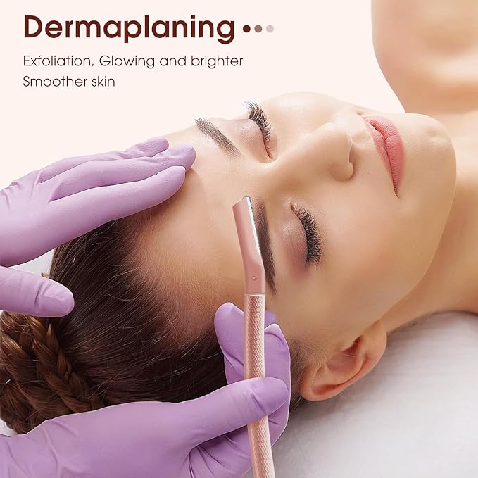 Dermaplane razor for women with 10 replaceable blades, dermaplaning tool for facial peach fuzz, eyebrows, exfoliation, and also suitable for shaving men beards, Rose Gold
