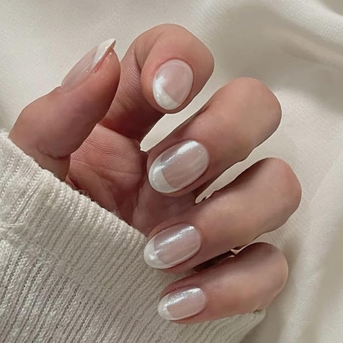 Oval French Press On Nails Short, White Tip Fake Nails with Sheer Pearl Base, Glossy Reusable Glue On Nails, Elegant French Manicure Stick On Nails for Women, 24 Pcs