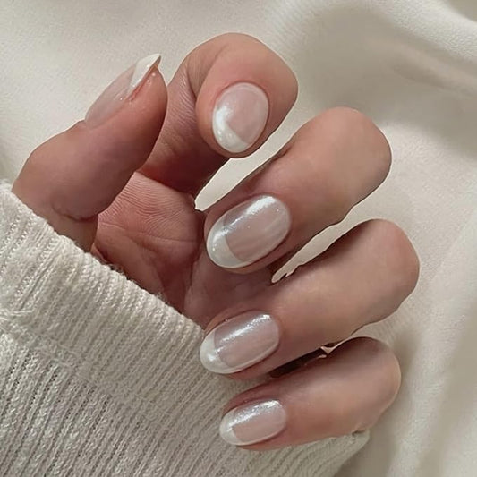 Oval French Press On Nails Short, White Tip Fake Nails with Sheer Pearl Base, Glossy Reusable Glue On Nails, Elegant French Manicure Stick On Nails for Women, 24 Pcs
