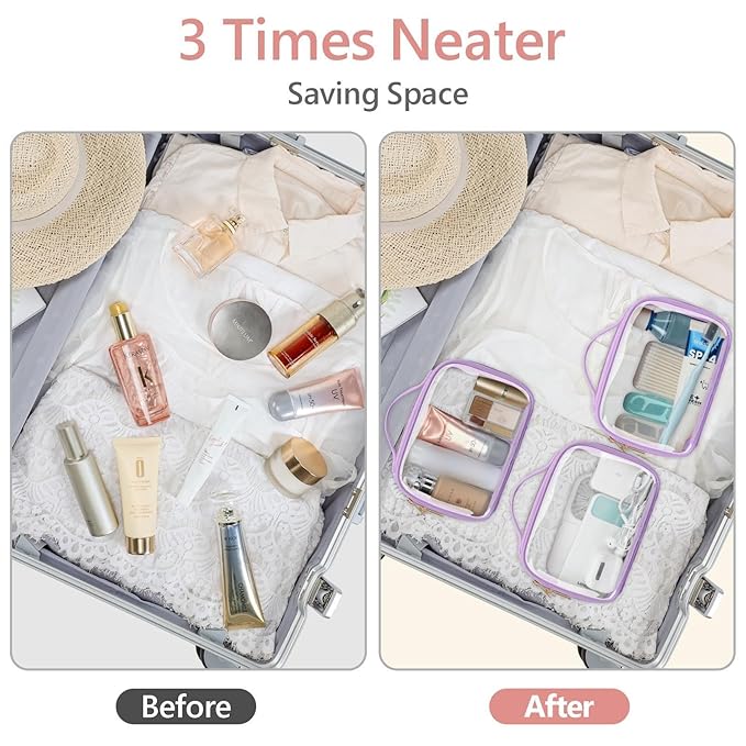 PACKISM Floral Texture Lace TSA Approved Toiletry Bag - 180° Opening Clear Makeup Bags in 2 Size, Clear Toiletry Bags with Handle, 0.5 mm Thick Non-deformable No Smell, Purple