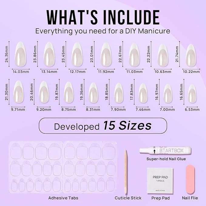 BTArtbox Press On Nails Almond - White French Tip Soft Gel Nails, Chrome Glue On Nails for Gifts, Natural Reusable Glazed Stick On Nails in 15 Sizes - 30 Fake Nails Kit, White Swan