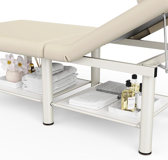 Folding Stationary Massage Table with Backrest and Storage Space, 6 Round Legs Metal Frame PU Leather, 30.5'' Wide × 75'' Long for Treatment Table Physical Therapy Table Spa Facial Bed, Beige Gray