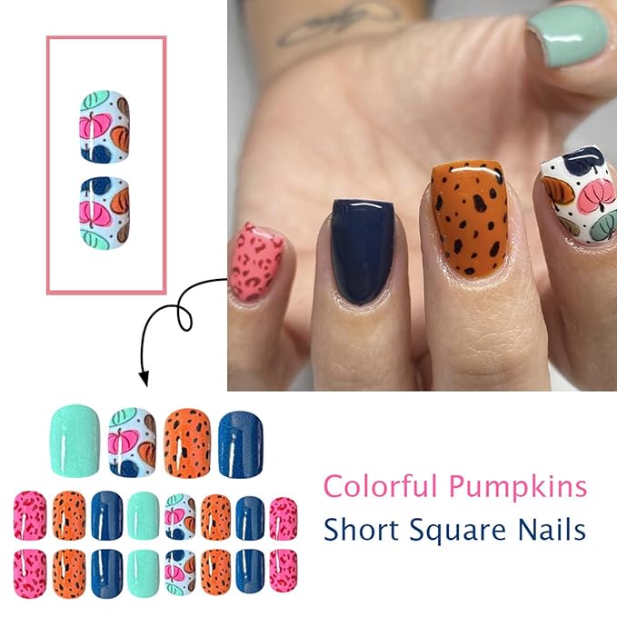 Colorful Pumpkin Press on Nails Short Square Fake Nails Cute False Nails with Leopard Spots Design Fall Glue on Nails Thanksgiving Acrylic Nail Glossy Stick on Nail for Women 24Pcs