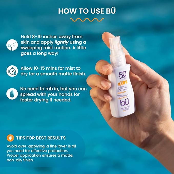 BU SPF 50 Kids Sunscreen Spray for Face and Body, Non Aerosol Spray, TSA Travel Size Sunscreen, Clear, Non Greasy, Water Resistant, Oil Free, Fragrance Free 1 oz