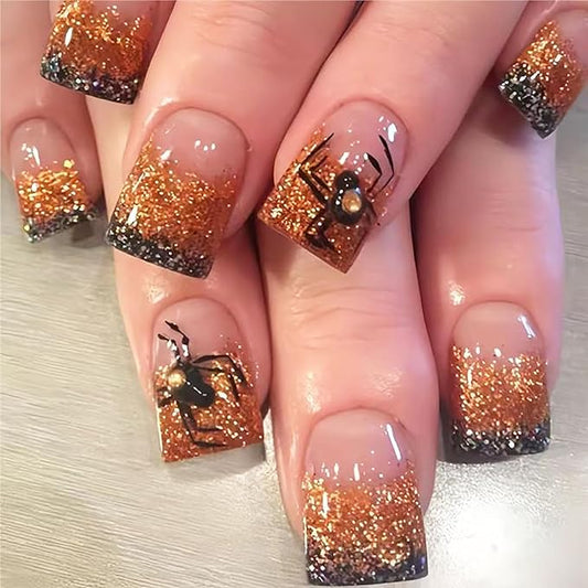 Halloween Press on Nails Short Square Fake Nails Orange Black Gradient French Tip False Nail with Spider Design Full Cover Glitter Stick on Nails Cute Halloween Acrylic Nail for Women Manicure 24Pcs