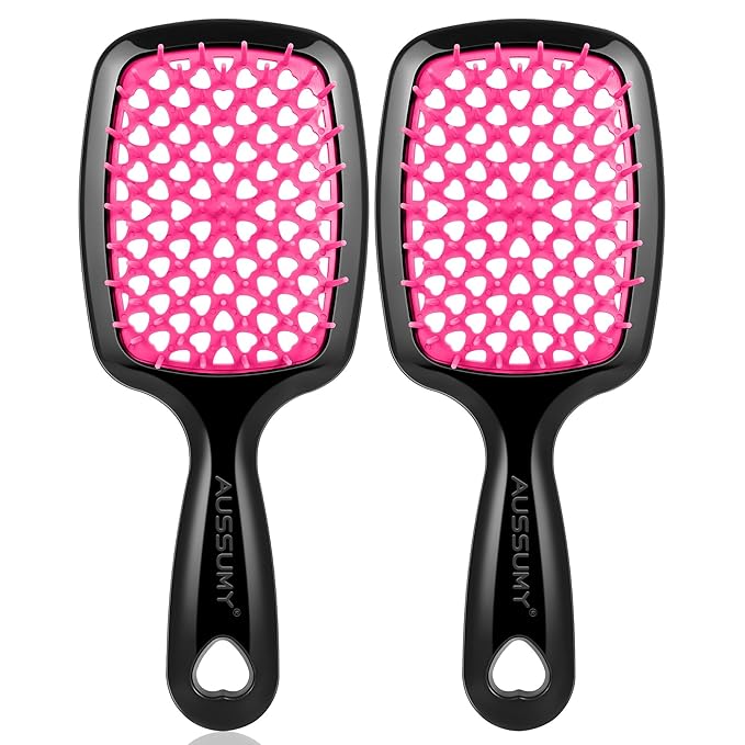 2 Pack Vented Detangling Hair Brush - Detangler Hairbrush with Soft Bristles for Effortless Tangle Free -Ideal for Natural Curly Straight Wet Dry Damaged Hair for Women Men Kids - Magenta