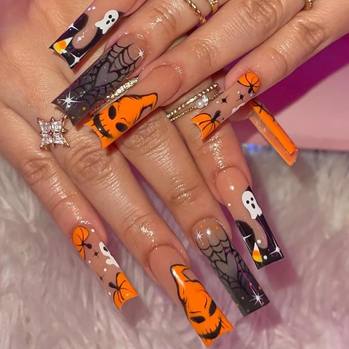 24Pcs Halloween Press on Nails Long Square French Tip Fake Nails Orange Pumpkin with Black Spider Web Monster Goth Design Cute Ghost False Nails Glossy Stick on Nails for Women Acrylic Holiday DIY