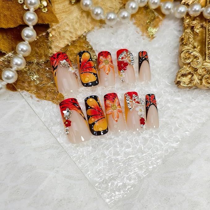 24Pcs French Tip Press on Nails Handmade 3D Flower Fake Nails Medium Square Butterfly Wings False Nail Butterflies Flowers Charms Full Cover Luxury Glue on Nails for Women, Elegant Flower Nail Art