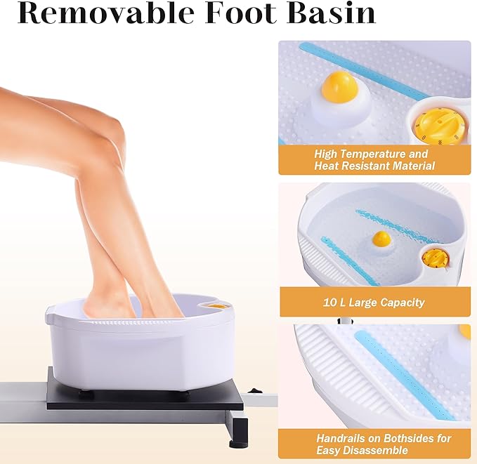 Pedicure Station No Plumbing, Hydraulic Pedicure Chair for Nail Tech, Height Adjustable Reclining Pedicure Station Unit, 360 Degree Swivel Foot Spa Chair with Massage Foot Bath (Grey-Golden)