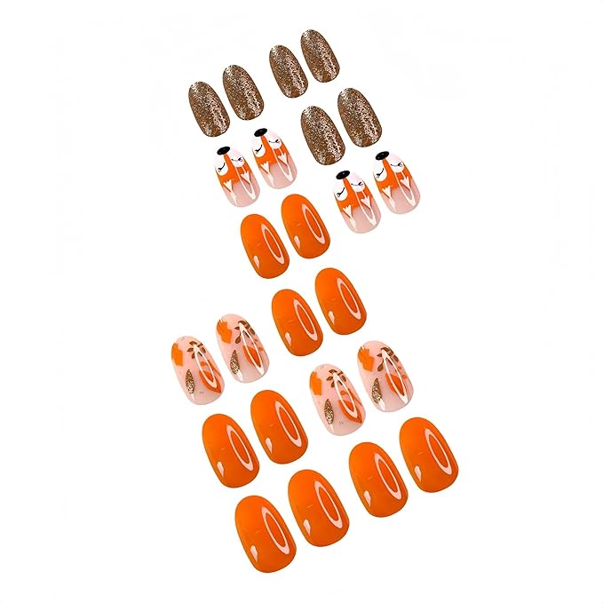24Pcs Autumn Fallen Leaves Press on Nails Short Oval Thanksgiving Fake Nails with Fox French Design Orange Stick on Nails Fall Rose Gold Glitter Full Cover Glue on Nail Glossy Acrylic Nails for Women