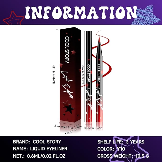 COOL STORY Liquid Eyeliner Waterproof Smudge Proof Eye Liner, 24H Long-Lasting, 0.6ml/0.02 fl.oz (Red)