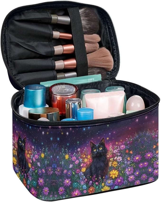 Black Cat Colorful Daisy Flower Print Travel Makeup Bags for Women Portable Tote Cosmetic Case with Carry Handle Toiletry Accessories Storage Organizer Bags