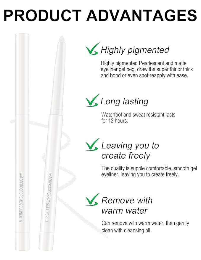 4PCS White Eyeliner, Waterproof Smudge Proof Long-lasting,High-Pigmented Colorful Eye Liner, Retractable