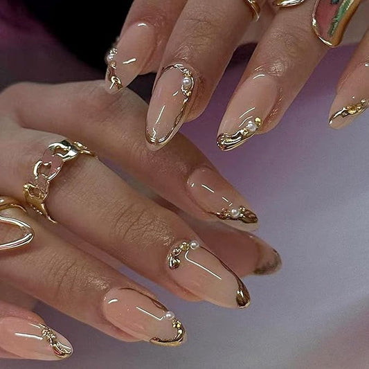 24Pcs Gold French Tip Press on Nails Medium Almond Fake Nails with Rhinestones Pearl Designs 3D Gilding False Nails Texture Line Gold Glue on Nail Reusable Artificial Stick on Nails for Women