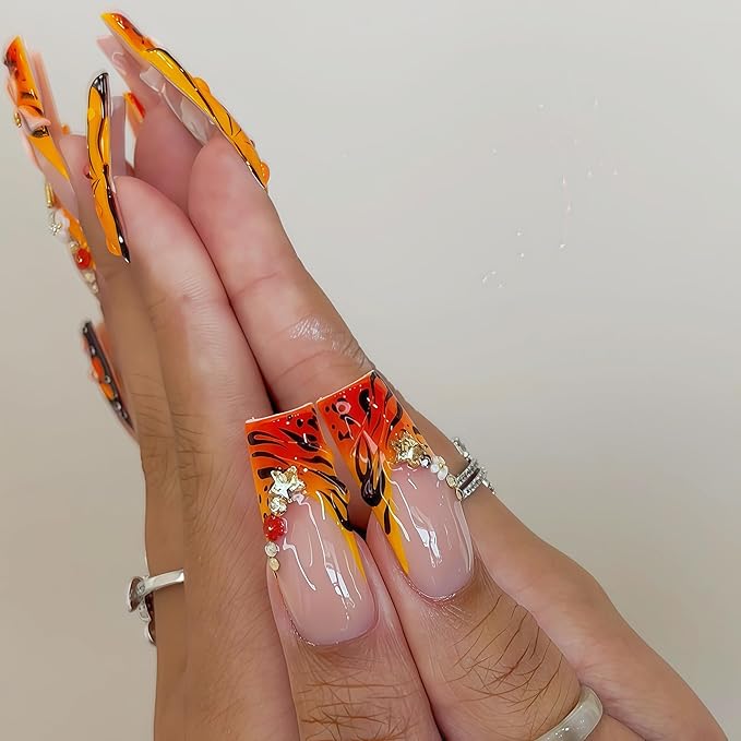 24Pcs Butterfly Wing Press on Nails Long Square Fake Nails 3D Relief Flower with Rhinestone Butterfly Pink White Flower Design False Nails Fall Orange Leopard Print French Tip Acrylic Nails for Women